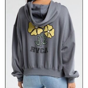 RVCA Gray Floral Graphic Kick Back Crop Hoodie Dolman Sleeve Casual Womens Sz XL